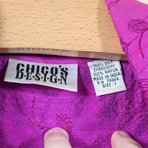 VTG 90s Chicos 100% Silk Magenta Pink Floral Embroidered Button-Down M Fairy - Picture 7 of 8